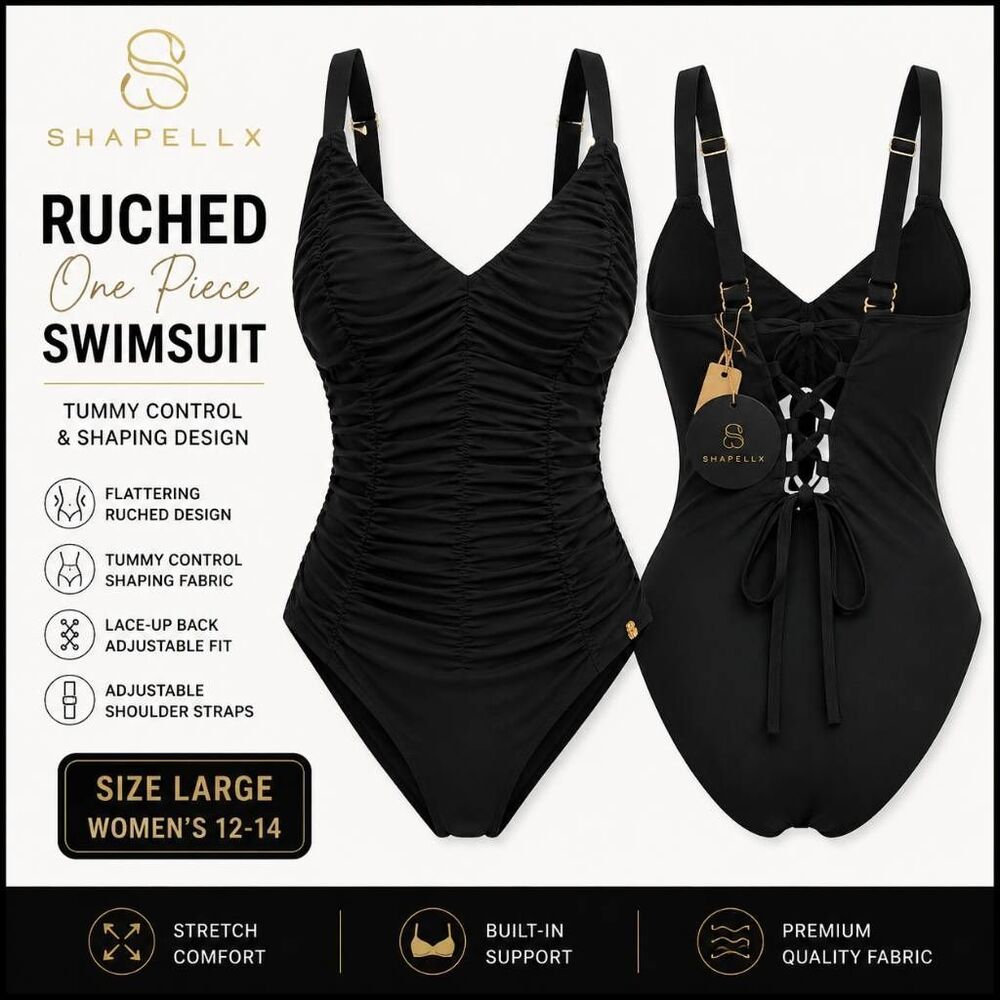 Shapellx Black Ruched V-Neck Swimsuit Tummy Control Shaping Women's Large - Picture 2 of 12